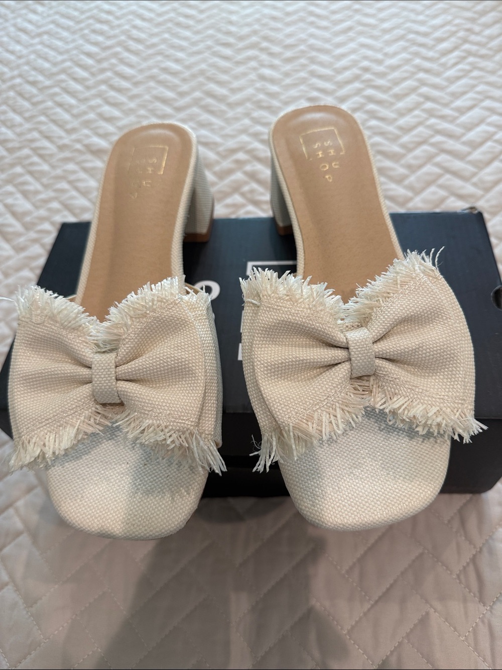 ShuShop Ivory Frayed Bow Block Heel Mules